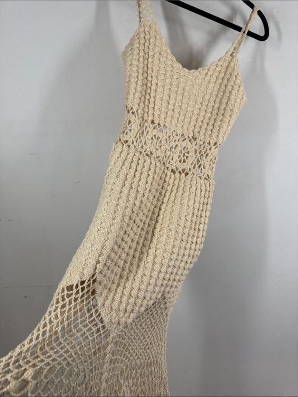 Hand Crocheted Cream Cover Up Dress Boho Festival Beach Resort Summer Vacation - Picture 10 of 13